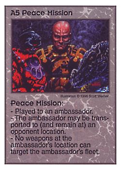 Need: 0    Want: 4    Have: 9    Will Trade: 0    In Storage: 2              A5 ‑ Peace Mission  Set: Pir  Rarity: V1    Artist: Scott Werner    