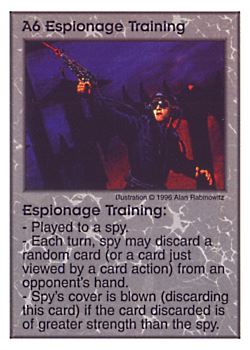 Need: 0    Want: 3    Have: 10    Will Trade: 0    In Storage: 2              A6 ‑ Espionage Training  Set: Pir  Rarity: V1    Artist: Alan Rabinowitz    