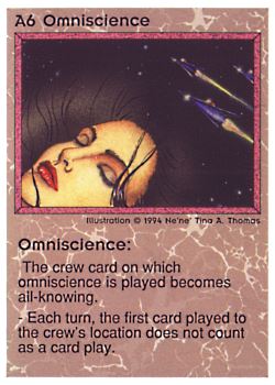 Need: 0    Want: 0    Have: 30 (+20)    Will Trade: 27    In Storage: 23              A6 ‑ Omniscience  Set: PE  Rarity: V2    Artist: Ne'Ne Tina A. Thomas    