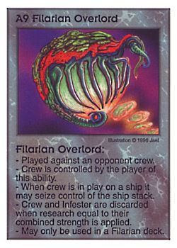 Need: 0    Want: 8    Have: 5    Will Trade: 0    In Storage: 2              A9 ‑ Filarian Overlord  Set: Pir  Rarity: V1    Artist: jael    