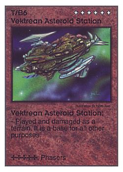 Need: 0    Want: 0    Have: 7 (+13)    Will Trade: 4    In Storage: 0              T/B6 ‑ Vektrean Asteroid Station  Set: Pir  Rarity: V1    Artist: Douglas Chaffee*    
