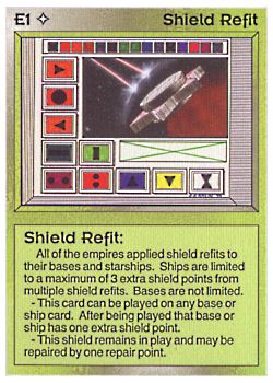 Need: 0    Want: 0    Have: 4 (+38)    Will Trade: 0    In Storage: 3              E1 ‑ Shield Refit  Set: AL  Rarity: C1    Artist: Gary A. Kalin    