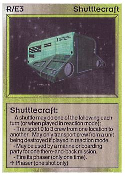 Need: 0    Want: 0    Have: 3 (+38)    Will Trade: 0    In Storage: 2              R/E3 ‑ Shuttlecraft (Left)  Set: AL  Rarity: C1    Artist: Gary A. Kalin    