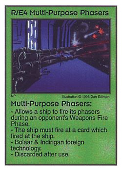 Need: 0    Want: 1    Have: 12 (+35)    Will Trade: 0    In Storage: 3              R/E4 ‑ Multi‑Purpose Phasers (Bolaar)  Set: Pir  Rarity: V1    Artist: Dan Gillman    