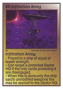 Need: 2    Want: 8    Have: 3    Will Trade: 0    In Storage: 0              E5 ‑ Infiltration Array  Set: Pir  Rarity: V1    Artist: John Holland    