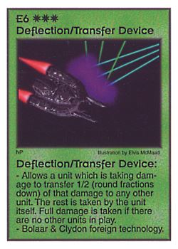 Need: 0    Want: 4    Have: 9 (+9)    Will Trade: 0    In Storage: 3              E6 ‑ Deflection/Transfer Device (Bolaar)  Set: Pir  Rarity: V1    Artist: Elvis McMaad    