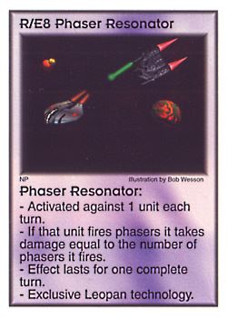 Need: 0    Want: 5    Have: 8    Will Trade: 0    In Storage: 3              R/E8 ‑ Phaser Resonator  Set: Pir  Rarity: V1    Artist: Bob Wesson    