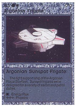 Need: 0    Want: 0    Have: 3 (+41)    Will Trade: 0    In Storage: 2              S3 ‑ Argonian Frigate ‑ Argonian Sunspot Frigate (Left)  Set: AL  Rarity: C1    Artist: Gary A. Kalin    