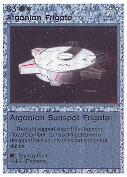 Need: 0    Want: 0    Have: 6 (+38)    Will Trade: 2    In Storage: 5              S3 ‑ Argonian Frigate ‑ Argonian Sunspot Frigate (Right)  Set: AL  Rarity: C1    Artist: Gary A. Kalin    