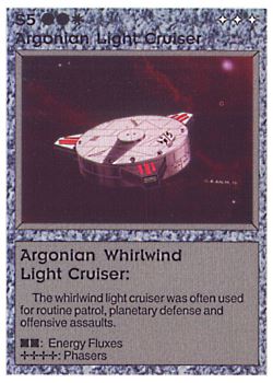Need: 0    Want: 0    Have: 3 (+34)    Will Trade: 0    In Storage: 2              S5 ‑ Argonian Light Cruiser ‑ Argonian Whirlwind Light Cruiser  Set: AL  Rarity: C1    Artist: Gary A. Kalin    