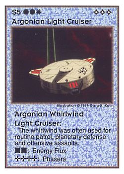           S5 ‑ Argonian Light Cruiser ‑ Argonian Whirlwind Light Cruiser  Set: UE  Rarity: R4    Artist: Gary A. Kalin    