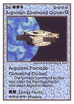           S6 ‑ Argonian Command Cruiser ‑ Argonian Tornado Command Cruiser  Set: UE  Rarity: V4    Artist: Gary A. Kalin    