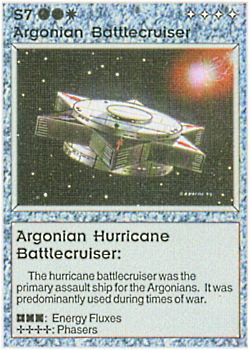 S7 ‑ Argonian Battlecruiser ‑ Argonian Hurricane Battlecruiser (Right) Set: BE Rarity: R1 Artist: Gary A. Kalin S7 ‑ Argonian Battlecruiser ‑ Argonian Hurricane Battlecruiser (Right) Set: BE Rarity: R1 Artist: Gary A. Kalin
