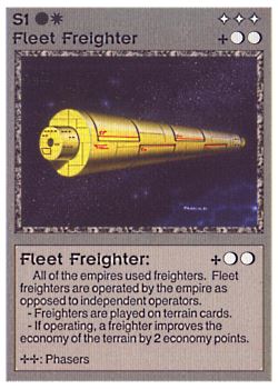 Need: 0    Want: 1    Have: 3 (+43)    Will Trade: 0    In Storage: 2              S1 ‑ Fleet Freighter (Left)  Set: AL  Rarity: C1    Artist: Gary A. Kalin    