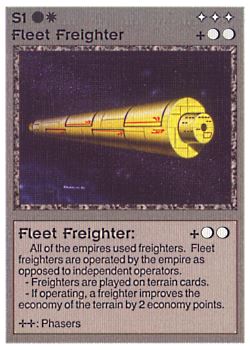Need: 0    Want: 1    Have: 3 (+328)    Will Trade: 0    In Storage: 2              S1 ‑ Fleet Freighter (Right)  Set: AL  Rarity: C1    Artist: Gary A. Kalin    