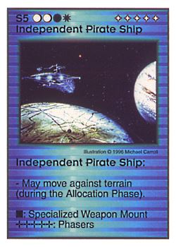 Need: 0    Want: 8    Have: 5    Will Trade: 0    In Storage: 2              S5 ‑ Independent Pirate Ship  Set: Pir  Rarity: V1    Artist: Michael Carroll    