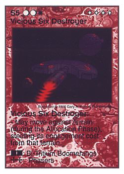 Need: 0    Want: 6    Have: 7 (+4)    Will Trade: 0    In Storage: 4              S5 ‑ Vicious Six Destroyer (Right)  Set: Pir  Rarity: V1    Artist: Gary A. Kalin & Bob Wesson    