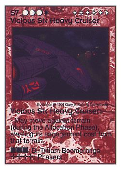 Need: 0    Want: 8    Have: 5    Will Trade: 0    In Storage: 1              S7 ‑ Vicious Six Heavy Cruiser  Set: Pir  Rarity: V1    Artist: Gary A. Kalin & Bob Wesson    