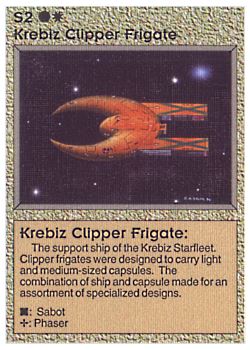 Need: 0    Want: 0    Have: 4 (+34)    Will Trade: 0    In Storage: 3              S2 ‑ Krebiz Clipper Frigate (Left)  Set: AL  Rarity: C1    Artist: Gary A. Kalin    