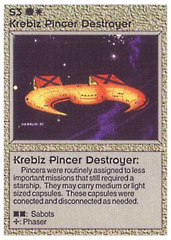 Need: 0    Want: 0    Have: 3 (+33)    Will Trade: 0    In Storage: 2              S3 ‑ Krebiz Pincer Destroyer  Set: AL  Rarity: C1    Artist: Gary A. Kalin    