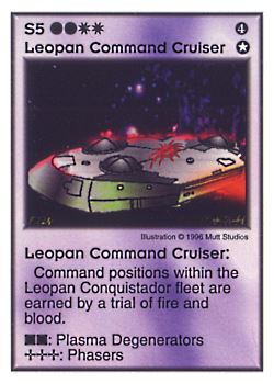 Need: 1    Want: 0    Have: 12    Will Trade: 0    In Storage: 3              S5 ‑ Leopan Command Cruiser  Set: Pir  Rarity: V1    Artist: Mutt Studios    
