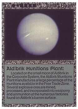 Need: 0    Want: 0    Have: 3 (+35)    Will Trade: 0    In Storage: 2              T4 ‑ Small Moon ‑ Aldibrik Munitions Plant  Set: AL  Rarity: C1    Artist: Space, Time & Art    