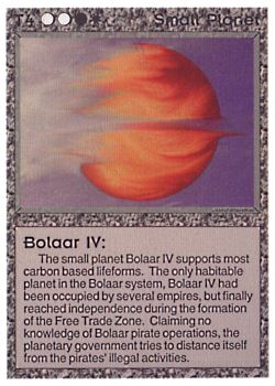 Need: 0    Want: 10    Have: 3 (+36)    Will Trade: 0    In Storage: 2              T4 ‑ Small Planet ‑ Bolaar IV  Set: AL  Rarity: C1    Artist: Josepha Haveman    