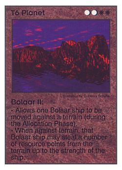 Need: 4    Want: 3    Have: 6    Will Trade: 0    In Storage: 0              T6 ‑ Planet ‑ Bolaar II  Set: Pir  Rarity: V1    Artist: C. Henry Schulte    